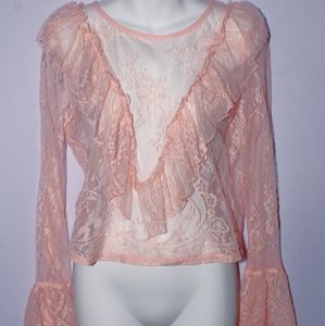 Rue 21 Pink sheer lace top with bell sleeves